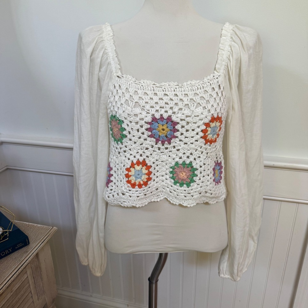 NEW Aerie Women L White Crochet Granny Square Boho Peasant Puff Sleeve Cotton